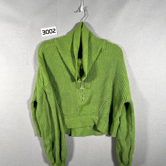 Forever 21 Sweaters - Forever 21 Sweater Womens L Green Quarter Zip Chunky Knit Cropped Balloon Sleeve